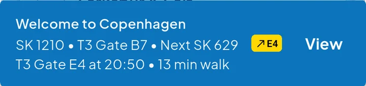 The banner on landing in Copenhagen: SK1210 at terminal 3, gate B7; next SK629 from terminal 3, gate E4 at 20:50, a 13-minute walk