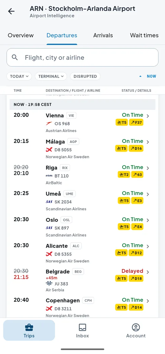 The Stockholm Arlanda departures board on Android at 19:58: Vienna, Málaga, Riga, Umeå, Oslo and Alicante on time, and Air Serbia JU 383 to Belgrade delayed 45 minutes to 21:15, each with its terminal and gate
