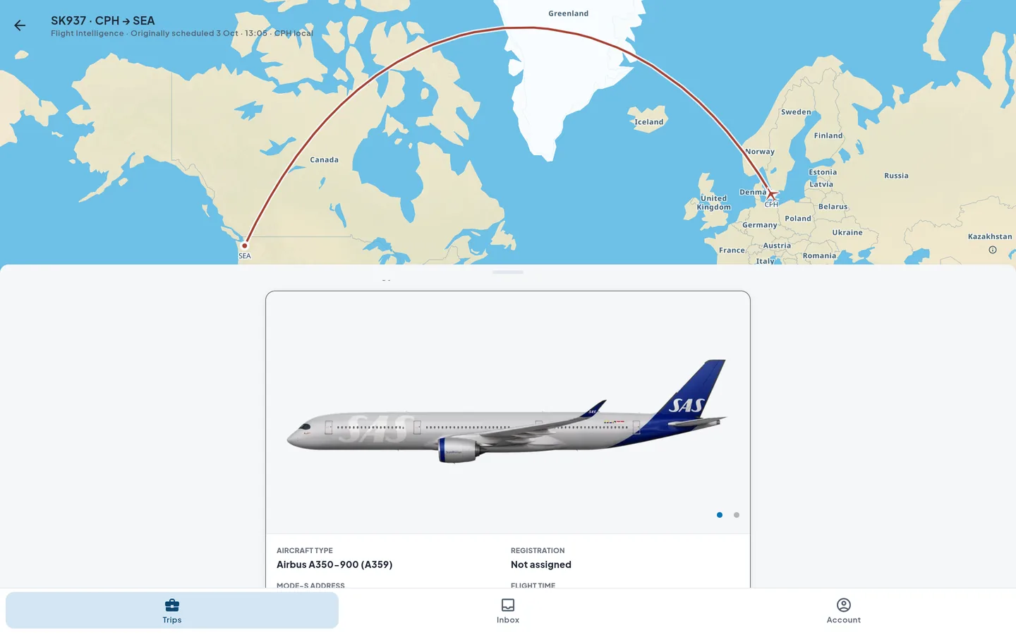 Flight Intelligence for SK937 on the web: the great-circle route from Copenhagen over Greenland to Seattle, and the Airbus A350-900 in SAS livery