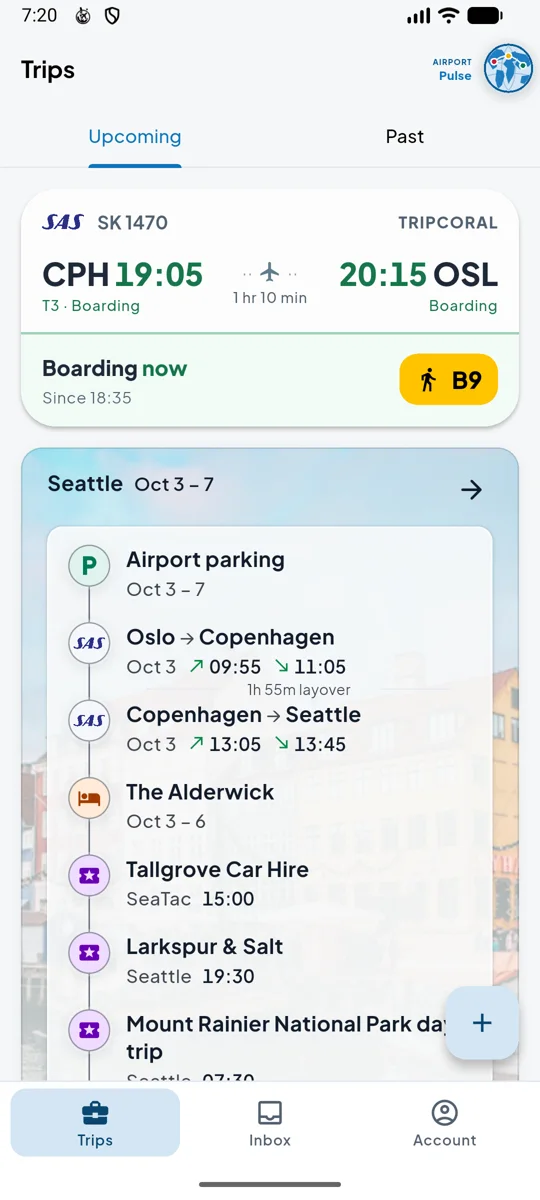The Android Trips page: the live SK1470 card boarding at gate B9, and below it the finished Seattle trip over a photo of the city, from airport parking through the flights, the hotel, the rental car and dinner