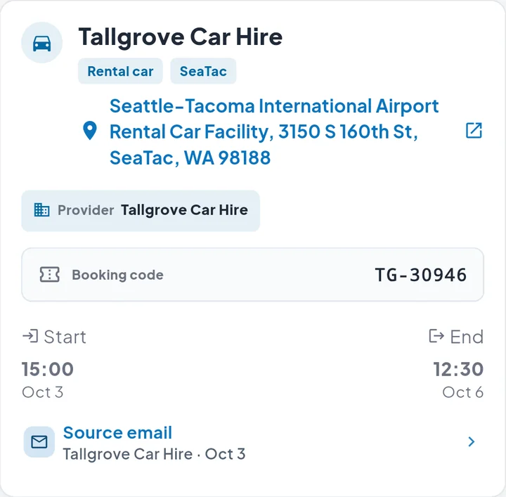 The Tallgrove Car Hire booking in TripCoral on Android: pick-up address at Seattle–Tacoma airport, booking code and pick-up and return times
