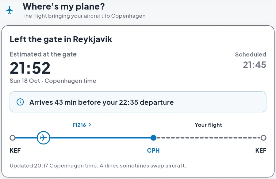 Where’s my plane? on the web for Icelandair FI217 from Copenhagen at 22:35: the aircraft has left the gate in Reykjavik as FI216, estimated at the Copenhagen gate at 21:52 against 21:45 scheduled, arriving 43 minutes before the 22:35 departure