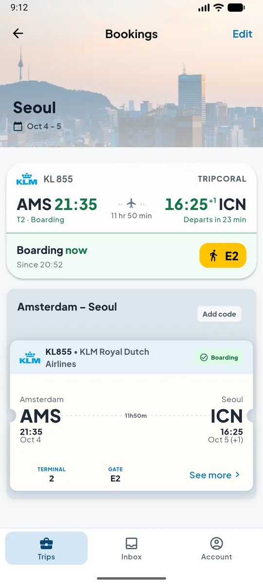 The Seoul trip on Android: a photo of Seoul over its bookings, the live KL855 card boarding at gate E2, and its one ticket, Amsterdam 21:35 on 4 October to Seoul 16:25 on 5 October, 11 hours 50 minutes